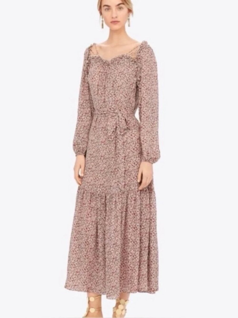 Tory Burch Size 10 Floral Georgette Silk Maxi Dress Long Sleeve